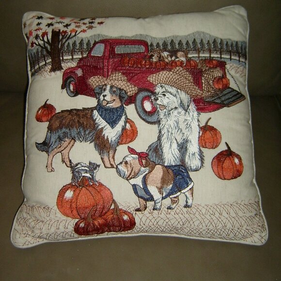 Pier 1 Fall Pumpkin Truck Dog Throw Pillow, Zip Cover - Picture 1 of 3